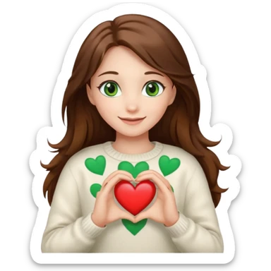 Girl green eyes brown long hair white warm sweater showing heart with her hands sticker