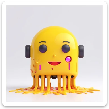 melting yellow emoji face in front of a sleek AI robot, emoji turning into colorful digital fragments, flat 3D icon, neon colors, white background sticker