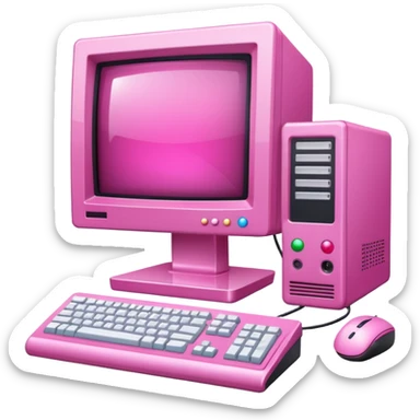 shiny pink transparent sparkly 90s computer with CRT monitor, keyboard, PC tower, mouse sticker