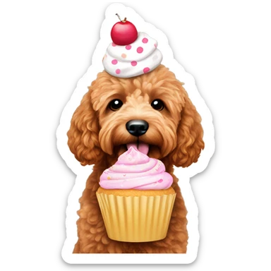 Red mini goldendoodle with a cupcake sticker