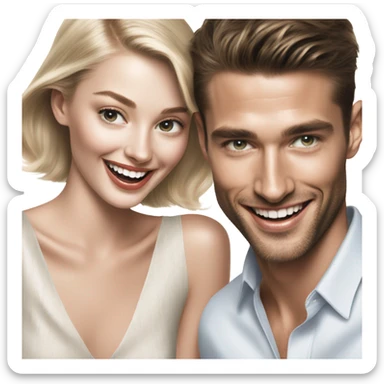 Hyper Realistic beautiful dior model laughing with a handsome male model  sticker