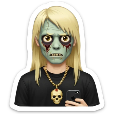 make a iphone emoji who is a zombie man with long blonde hair with bangs, with a black punk shirt and a golden neckless sticker