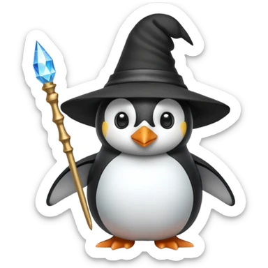A penguin wizard with a pointy hat and a magic wand sticker