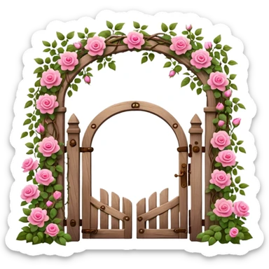 a garden's gate made of wood, with pink flowers all around it sticker