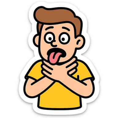 person pretending to choke themselves in a slapstick, exaggerated way, silly face, tongue out, comical hands on neck, vibrant colors sticker