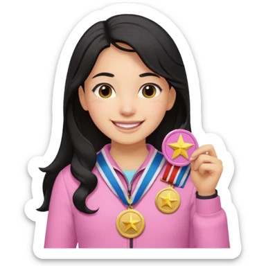 black haired girl wearing pastel pink with medals remove any hats, make her smile, make her hair longer sticker