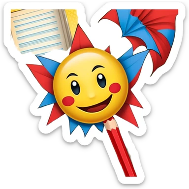 Create a vibrant emoji representing comic books and graphic novels as an art form. The design should feature a large, open comic book with vintage comic panels on the pages. Include a pencil (without a hand) gently writing text or sketching on the pages. The comic panels should have bold lines and retro-style artwork with classic comic book visuals. Use bright, energetic colors like red, yellow, and blue to evoke excitement and creativity. The overall design should feel dynamic, vintage, and artistic. Make the background transparent. sticker