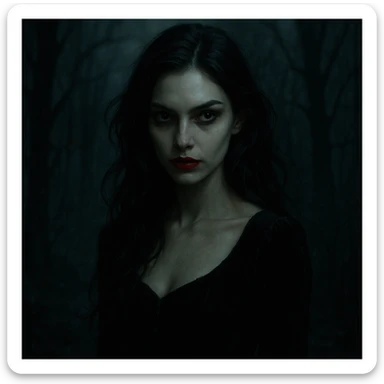 beautiful scary girl, mysterious and alluring, sharp features, red lips, eerie background, cinematic horror style sticker
