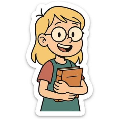 6th grade girl with blonde hair and glasses, smiling, holding a book, cartoon style sticker