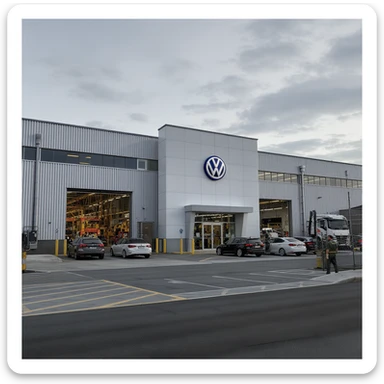 Realistic Volkswagen factory exterior, large industrial building with Volkswagen logo, parking lots filled with cars, factory grounds with machinery and equipment, realistic lighting and shadows, industrial atmosphere, workers in uniforms walking around, camouflage colors sticker
