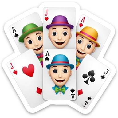 3 poker cards, with crazy colorful human jolly jokers inside, puppets in the hand sticker