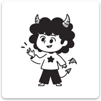 sketched chibi demon with oversized head, tiny fangs, and cute little wings in a playful pose sticker