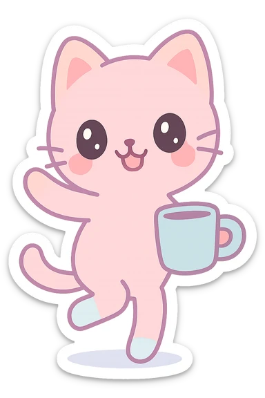 kawaii style anthropomorphic cat dancing with a coffee mug sticker