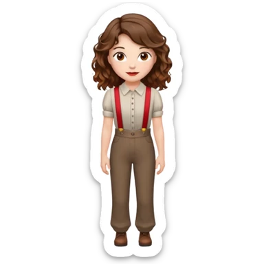 Woman with wavy brown hair and hazel eyes wearing dress pants with red suspenders sticker