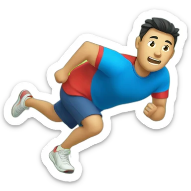 an asian man with red shirt and blue short running fast on grass land sticker
