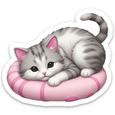 grey and white small cat with eyes closed lying down upside down with its head resting on its curled paw sticker