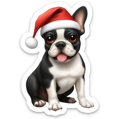 A small, black-and-tan French bulldog with a mostly black face and tan paws, wearing a classic red and white Santa hat, sitting happily with its tongue slightly out. sticker