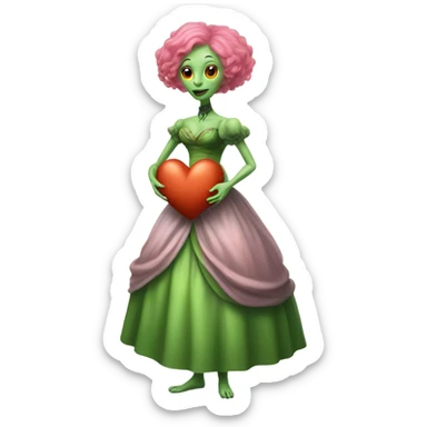 a green alien woman in Victorian orange dress, pink hair,holdig, red big hearth, full body sticker
