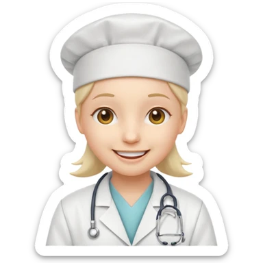 smiley face emoji wearing a white doctor lab coat and a white surgical cap sticker