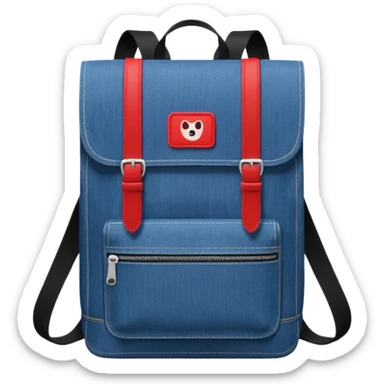 a blue denim backpack with a flap top, two vertical black buckle straps on the front. The backpack has two side pockets and a soft square shape. at front view bottom pocket, red and white two divided logo 

 sticker
