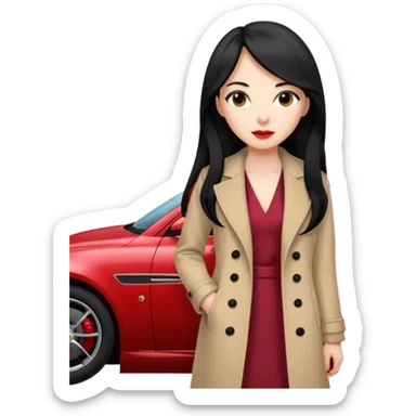 A fast, expensive black car with a young woman beside it The young woman has long black hair, wears a beige formal coat, and underneath is a cherry-colored dress.   sticker
