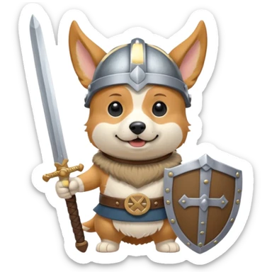 corgi with viking helmet and sword behind sticker