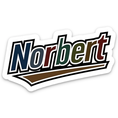 Norbert name in masculine, modern, gradient font with precise Hungarian characters, dark outline, extra thick, prominent white letter frame as in sample images, dynamic slanted underline, masculine color shades (blue, gray, burgundy, green, brown), 1000x1000 px, PNG, transparent background sticker