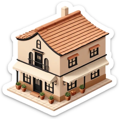 Isometric exterior little black, beige, and white southwestern restaurant, dollhouse style 3D realistic  sticker
