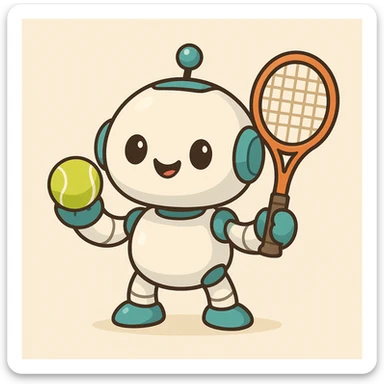 cute tennis robot, round shapes, smiling face, holding a tennis ball and racket sticker