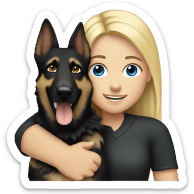 blonde girl who has blue eyes hugging an all black female german shepherd  sticker