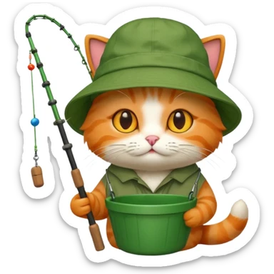 cat holding fishing rod with bucket hat green sticker
