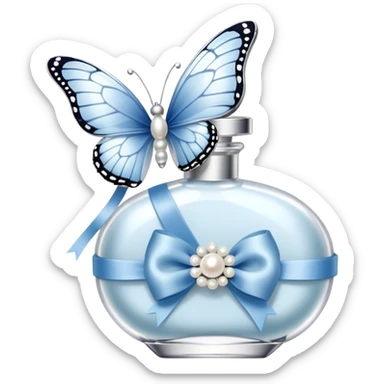A pearl-colored butterfly, its wings dusted with a whisper of silver, rests gently on the loop of a powder-blue silk ribbon. The ribbon, wrapped around the stem of a crystal perfume bottle, catches the flickering candlelight, while another butterfly, lighter than air, flutters delicately in the background, leaving behind an invisible trace of magic. sticker