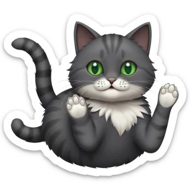 solid dark grey cat with green eyes, completely solid grey face, white toes/paws playing rolling upside down sticker