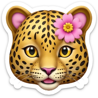 A leopard with mouth closed, A pink flower with a yellow center is tucked behind its right ear
 sticker