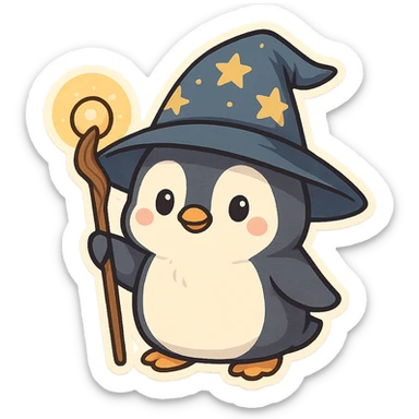 a penguin dressed as a wizard, with a pointy hat and a magic staff, in a fun and whimsical style sticker