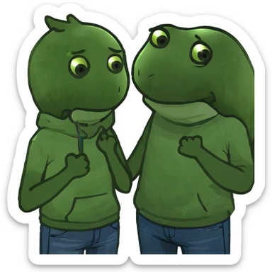 Person holding neck crossed hands with younger out sticker