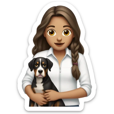 pale girl with long brunette hair holding a swiss mountain dog sticker
