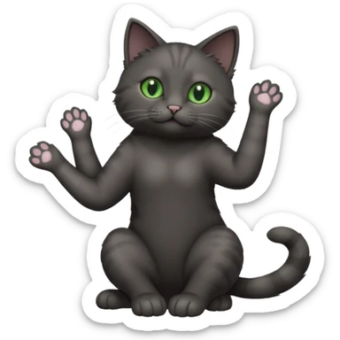 full body gorgeous solid dark grey cat with green eyes, white paws and white whiskers stretching like a cat sticker