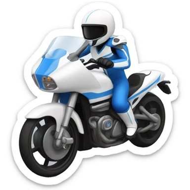 White motorcycle with guy with blue and black helmet sticker