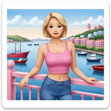 jennifer lawrence, pink crop top, and blue jeans, leaning on a balcony with a harbor and cityscape in the background, smiling sticker