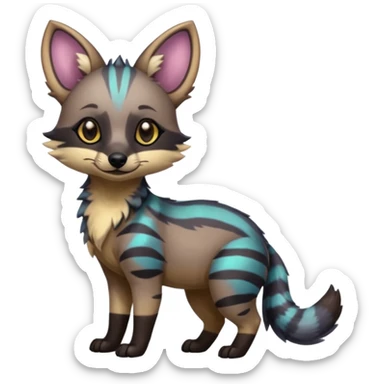 Cute adorable iridescent kawai Shiny Colorful Dusky Dark Gloomy Glossy Aardwolf-Genet-Bobcat-fusion-animal-hybrid-creature, full body sticker