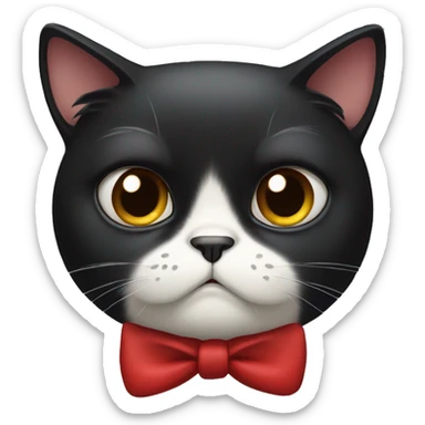 Grumpy Black cat with mostly black face but white chin, wearing red Bow tie sticker