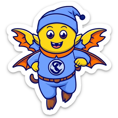 Wicked witch's flying monkey minion with bat wings, grimacing face, wearing blue uniform and fez cap sticker