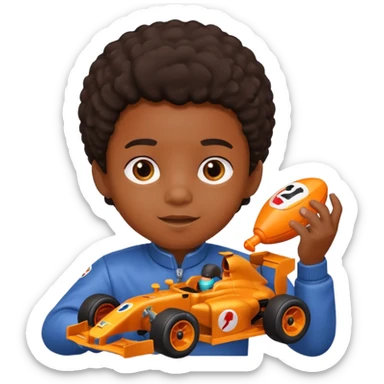 black kid playing orange colored formula 1 toy sticker