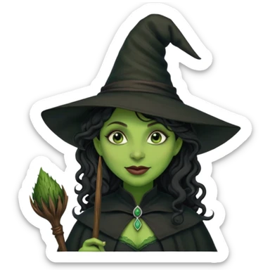 elphaba the wicked witch from wicked movie (cynthia erivo) dark long curly hair, thick lips, wide nose, green skins, witch hat, witch broom, evil, wicked musical film, evil smirk evil scary cynthia erivo sticker