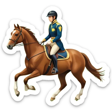 An icon featuring a horse and rider galloping gracefully over a lush green field. The rider is in full gear, guiding the horse with precision. The background shows rolling hills, a clear blue sky, and vibrant sunlight illuminating the scene. Transparent background highlights the elegance sticker
