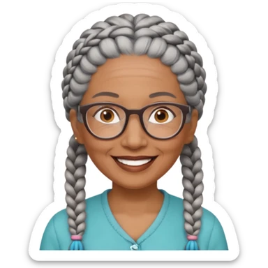 Older woman of color with gray braids, glasses and smiling sticker
