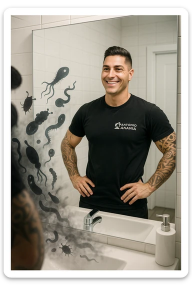 a man stands in a brightly lit bathroom, looking relieved and revitalized as he examines his reflection in the mirror. In the foreground, stylized, shadowy images of parasites (such as worms or protozoa) are shown leaving his body, dissolving into mist or fading away. His posture is upright and his expression is one of newfound energy and health. sticker