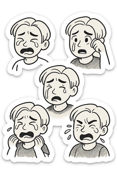 Redraw this character in five different variations, each crying but with different tears, facial expressions, and crying styles. Keep the character recognizable. Transparent background. sticker