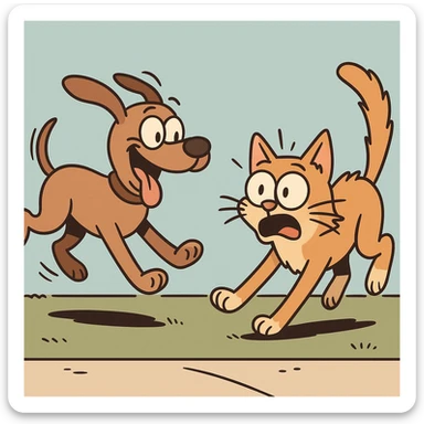 a cartoon dog with a remote running after a surprised cat, lively and dynamic, fun scene sticker